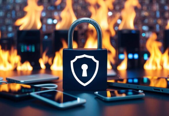 An image of a padlock against a background of computers, tablets and servers on fire