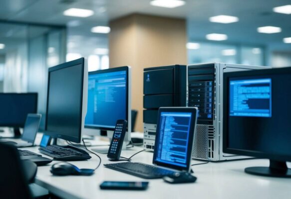 An image of desks featuring computer screens and keyboards in an office.