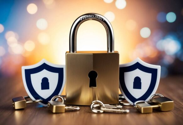 A padlock surrounded by shields and keys