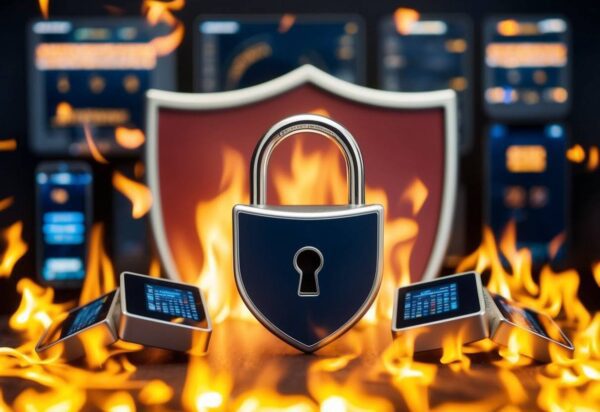 An image of a padlock against a background of computers and servers on fire