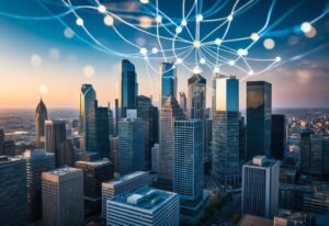 An image of tall buildings in a city with superimposed light strands above.