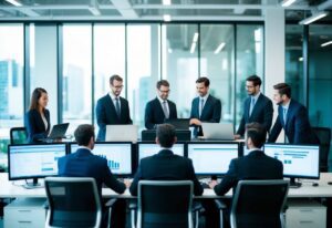 Nine people in business dress in a meeting room in an office, with laptops visible.