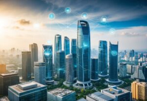 Tall buildings in a city, with strands of light and technology icons superimposed above.