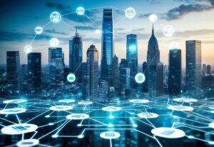 Tall buildings in a city with icons and streams of light superimposed over the top.