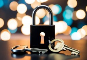 A padlock and key against a backdrop of blurred lights.