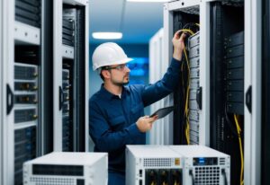 An IT technician working with a rack of servers.