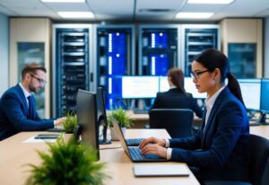 A woman working at an office, with a man and a woman in the background and a rack of servers.