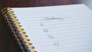 A lined notebook with a yellow spiral spine and the word "today" written, followed by numbers 1-4 in a list format.