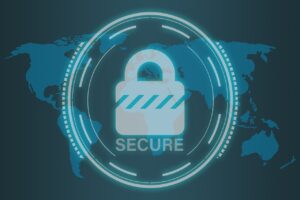 A world map overlaid with a circle with a padlock in it, with the word "secure" below.