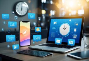 An image of a laptop and mobile phone on a desk, surrounded by icons of popular software.