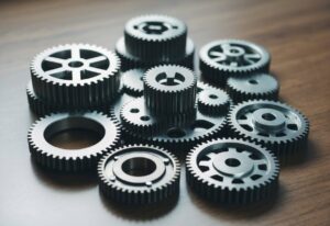 A mix of cogs together on a wooden table.